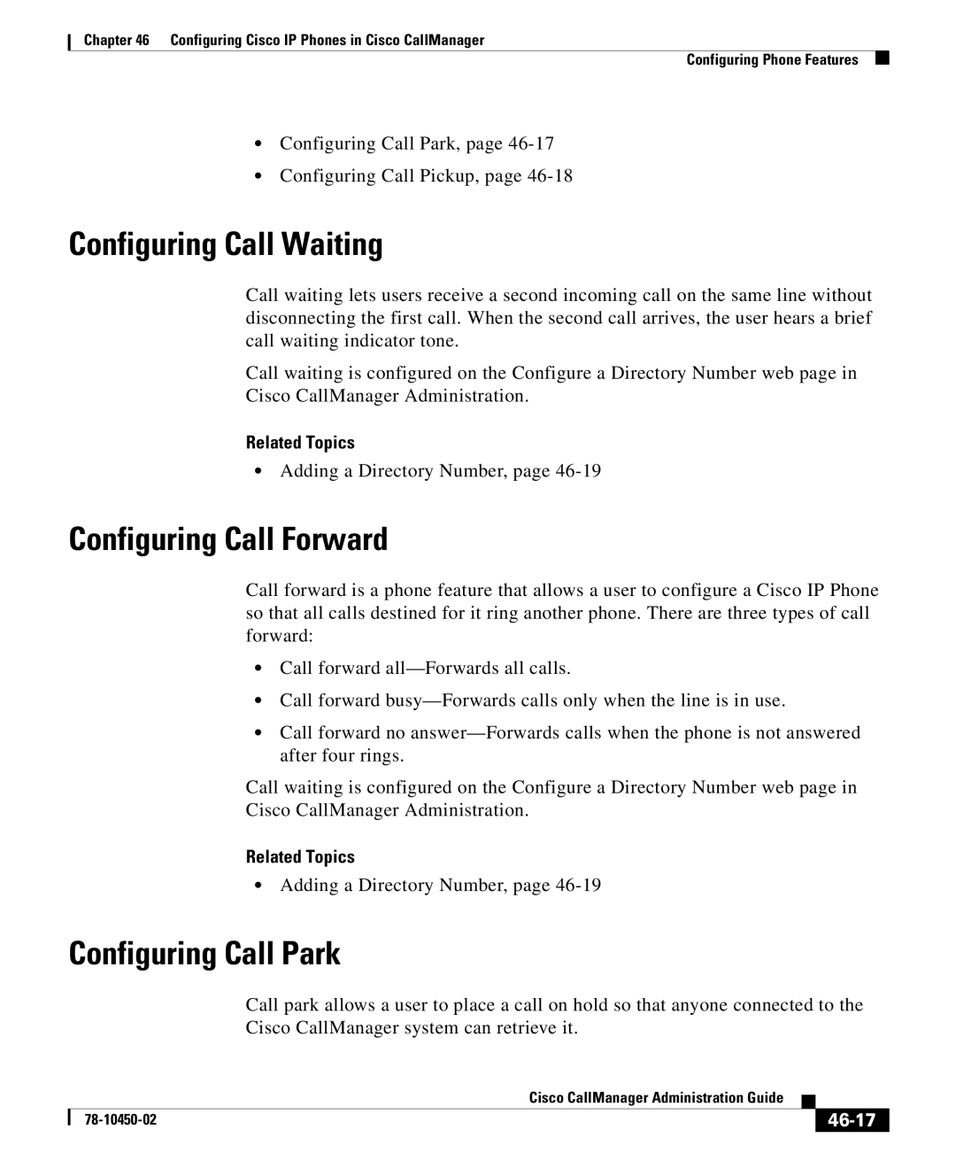 Cisco Systems 78-10450-02 manual Configuring Call Waiting, Configuring Call Forward, Configuring Call Park, 46-17 