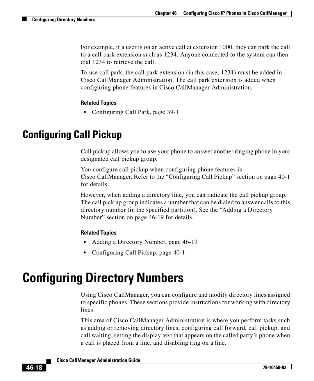 Cisco Systems 78-10450-02 manual Configuring Directory Numbers, Configuring Call Pickup, 46-18 