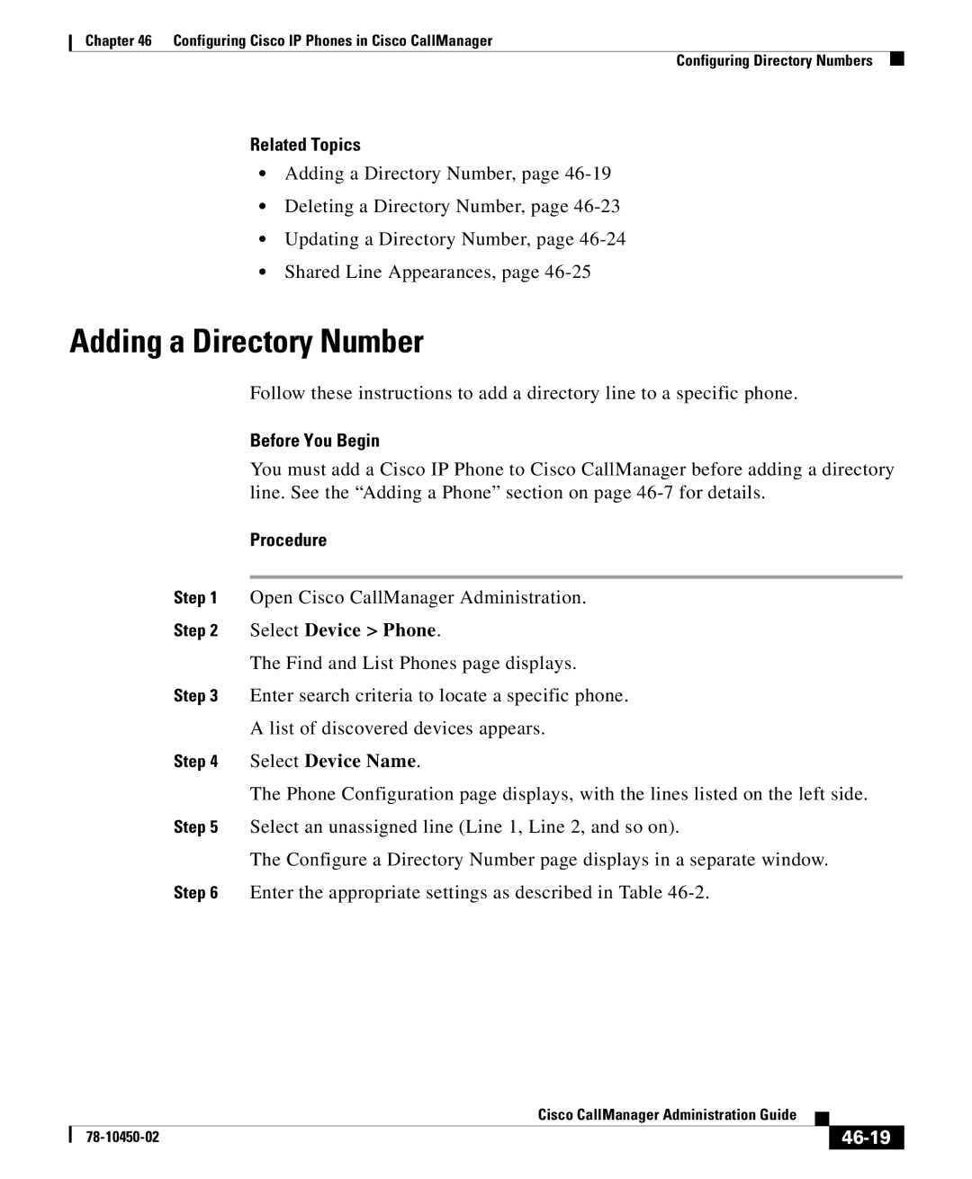 Cisco Systems 78-10450-02 manual Adding a Directory Number, 46-19 