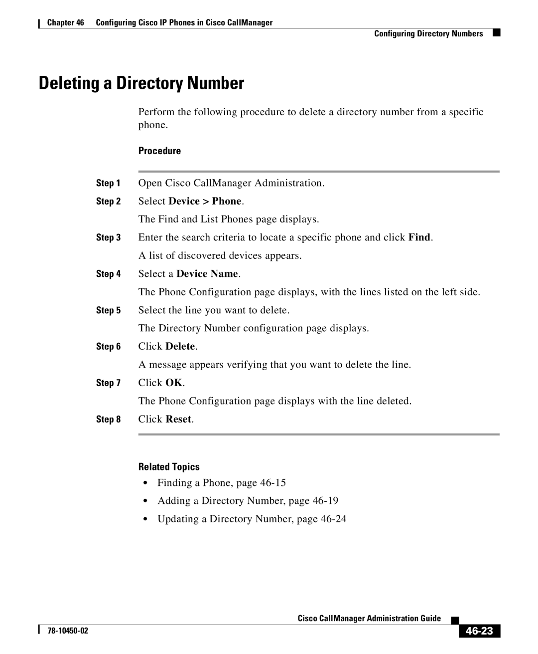 Cisco Systems 78-10450-02 manual Deleting a Directory Number, 46-23 