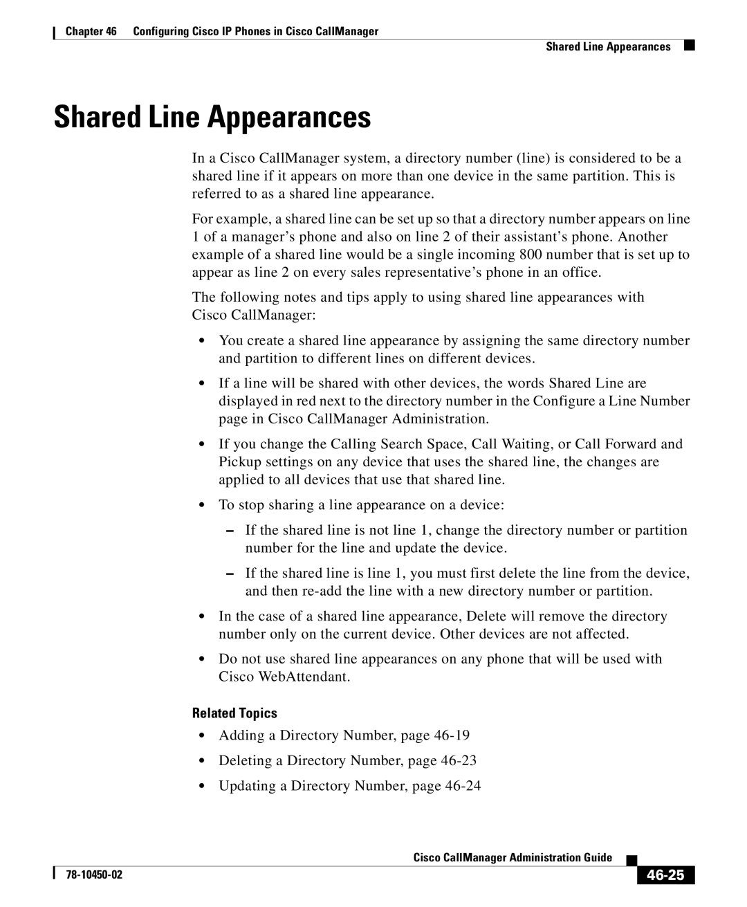 Cisco Systems 78-10450-02 manual Shared Line Appearances, 46-25 