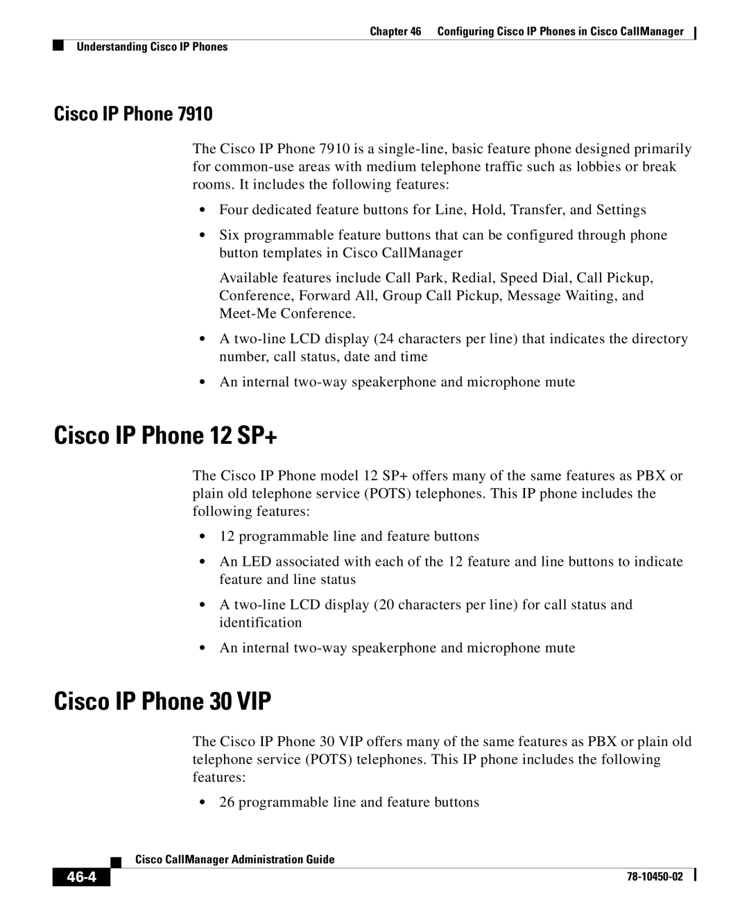 Cisco Systems 78-10450-02 manual Cisco IP Phone 12 SP+, Cisco IP Phone 30 VIP, 46-4 