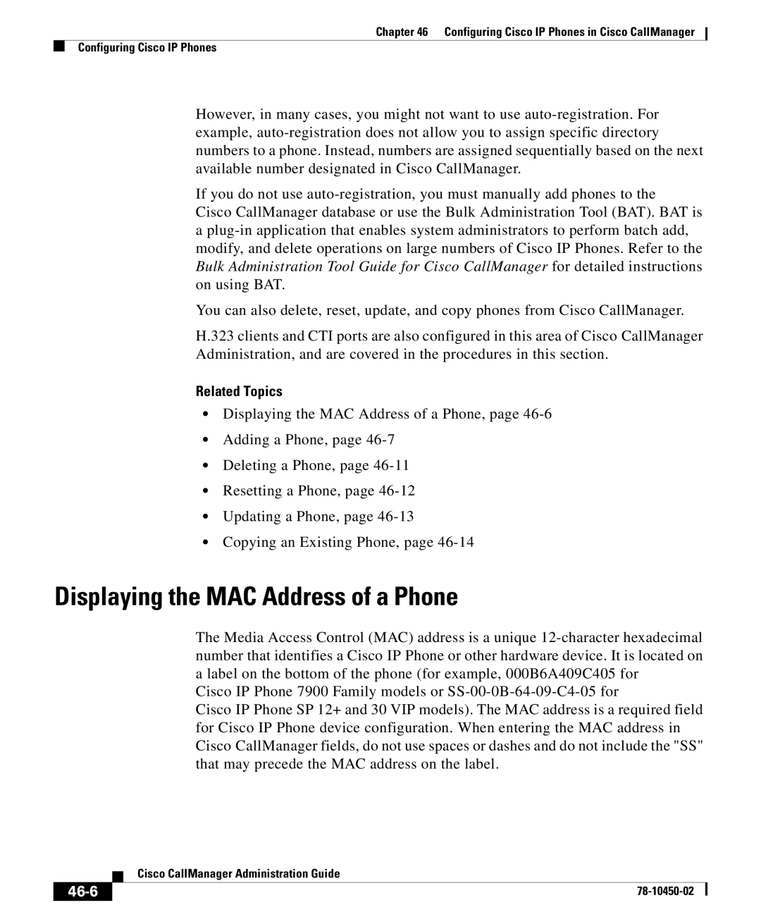 Cisco Systems 78-10450-02 manual Displaying the MAC Address of a Phone, 46-6 