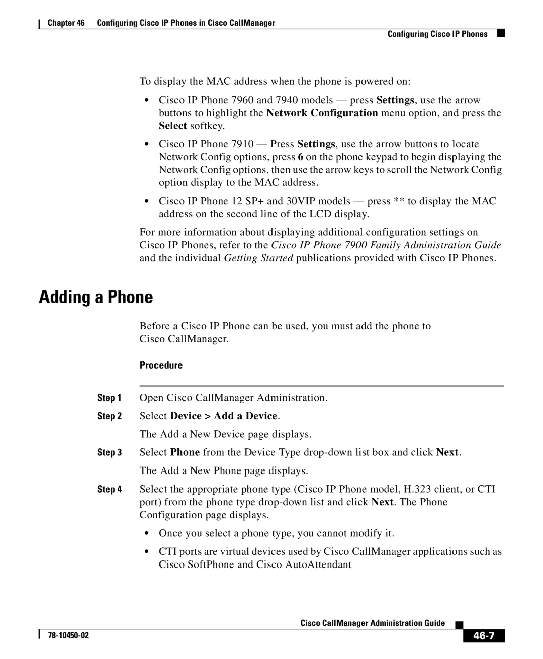 Cisco Systems 78-10450-02 manual Adding a Phone, Procedure, 46-7 