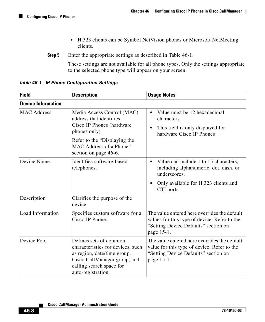 Cisco Systems 78-10450-02 manual Field Description Usage Notes Device Information, 46-8 