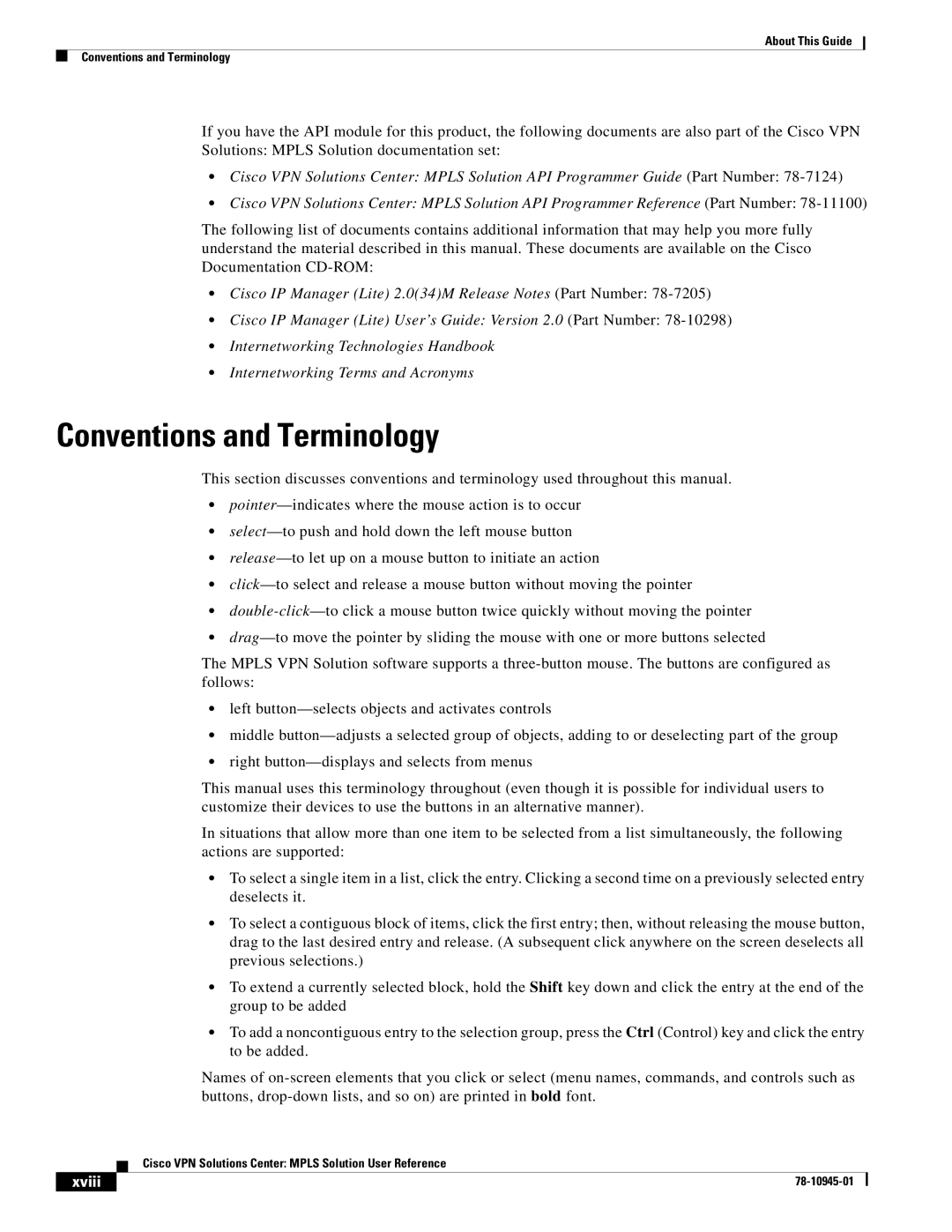 Cisco Systems 78-10945-01 manual Conventions and Terminology, Xviii 