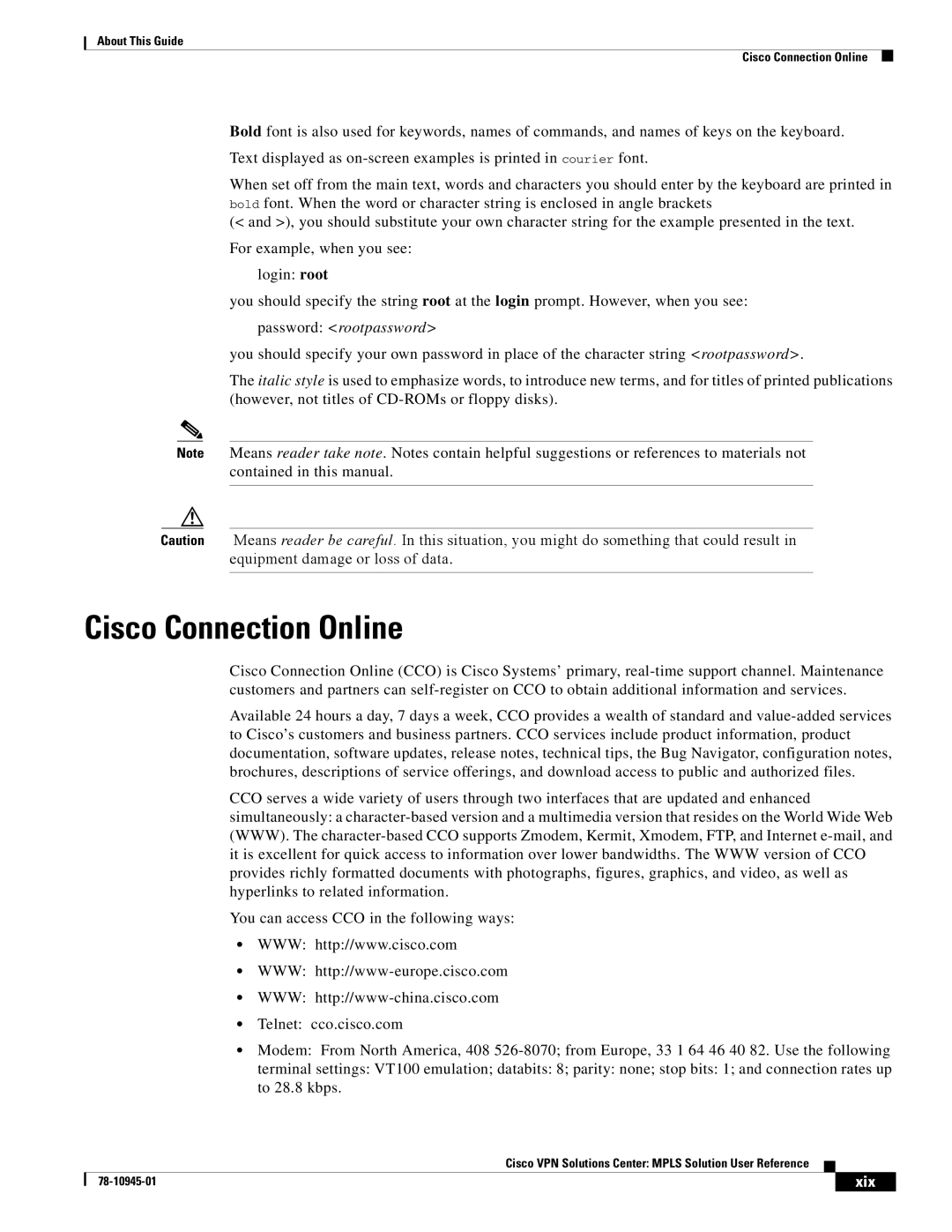 Cisco Systems 78-10945-01 manual Cisco Connection Online, Xix 