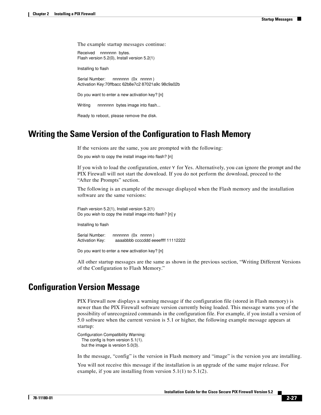 Cisco Systems 78-11180-01 manual Configuration Version Message, Example startup messages continue 