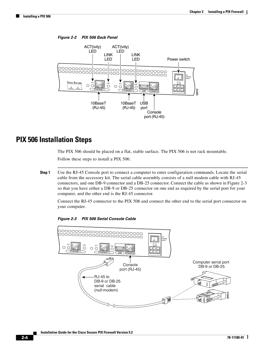 Cisco Systems 78-11180-01 manual PIX 506 Installation Steps, Computer serial port DB-9 or DB-25 