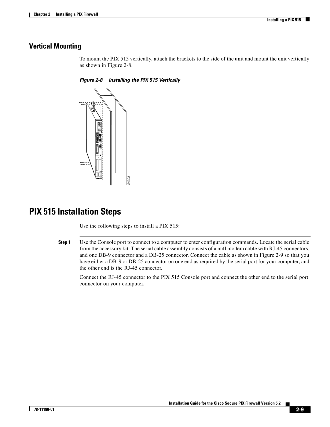 Cisco Systems 78-11180-01 manual PIX 515 Installation Steps, Vertical Mounting 