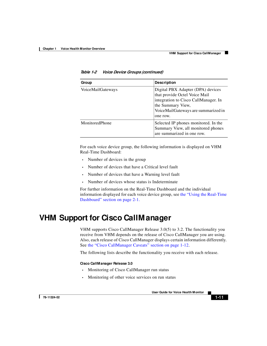 Cisco Systems 78-11324-02 manual VHM Support for Cisco CallManager, Cisco CallManager Release, 1-11, Group, Description 