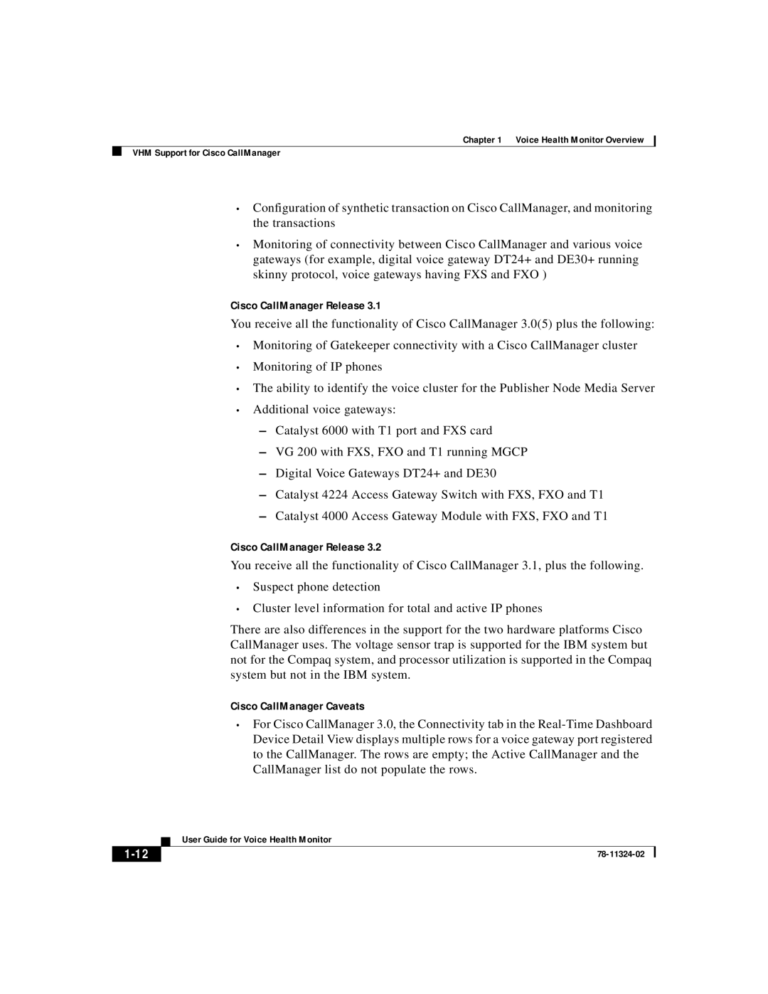 Cisco Systems 78-11324-02 manual Cisco CallManager Caveats, 1-12, Cisco CallManager Release 
