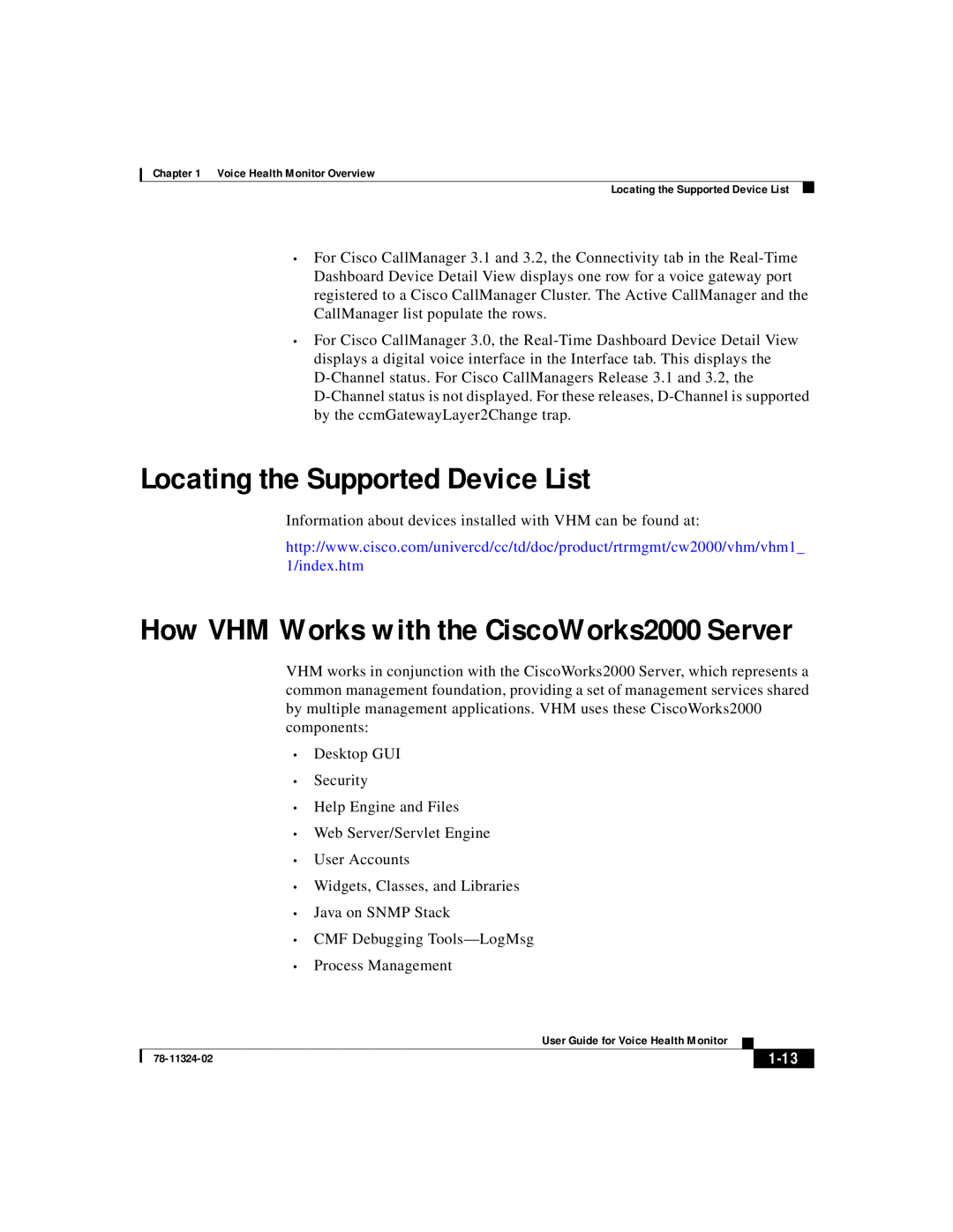 Cisco Systems 78-11324-02 manual Locating the Supported Device List, 1-13, How VHM Works with the CiscoWorks2000 Server 