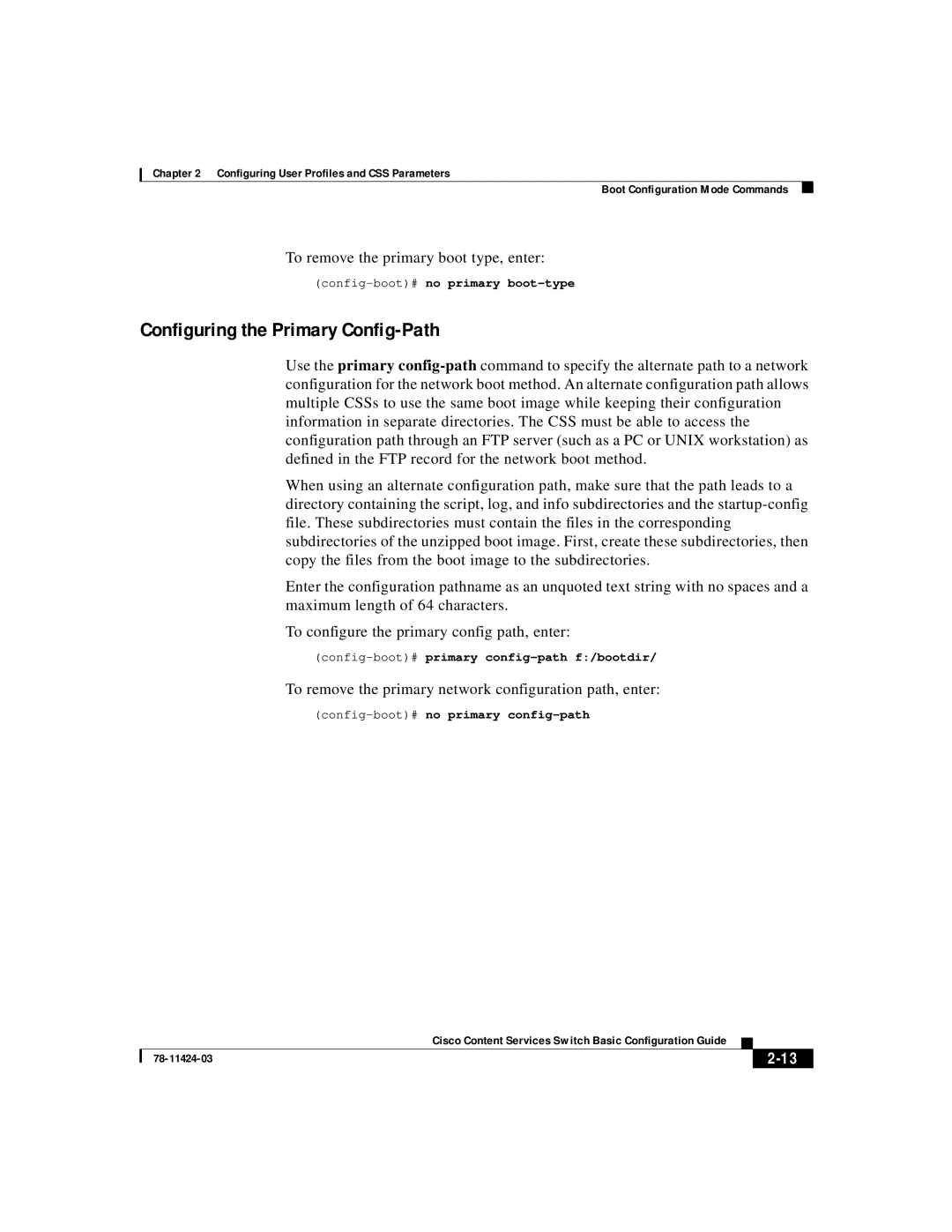 Cisco Systems 78-11424-03 manual Configuring the Primary Config-Path, Config-boot#no primary boot-type 