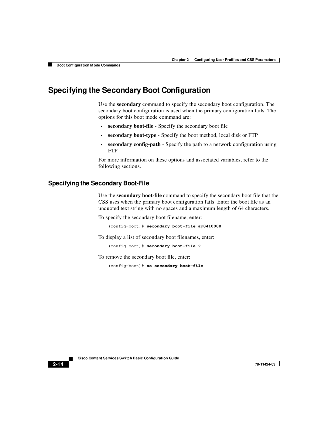 Cisco Systems 78-11424-03 manual Specifying the Secondary Boot Configuration, Specifying the Secondary Boot-File 