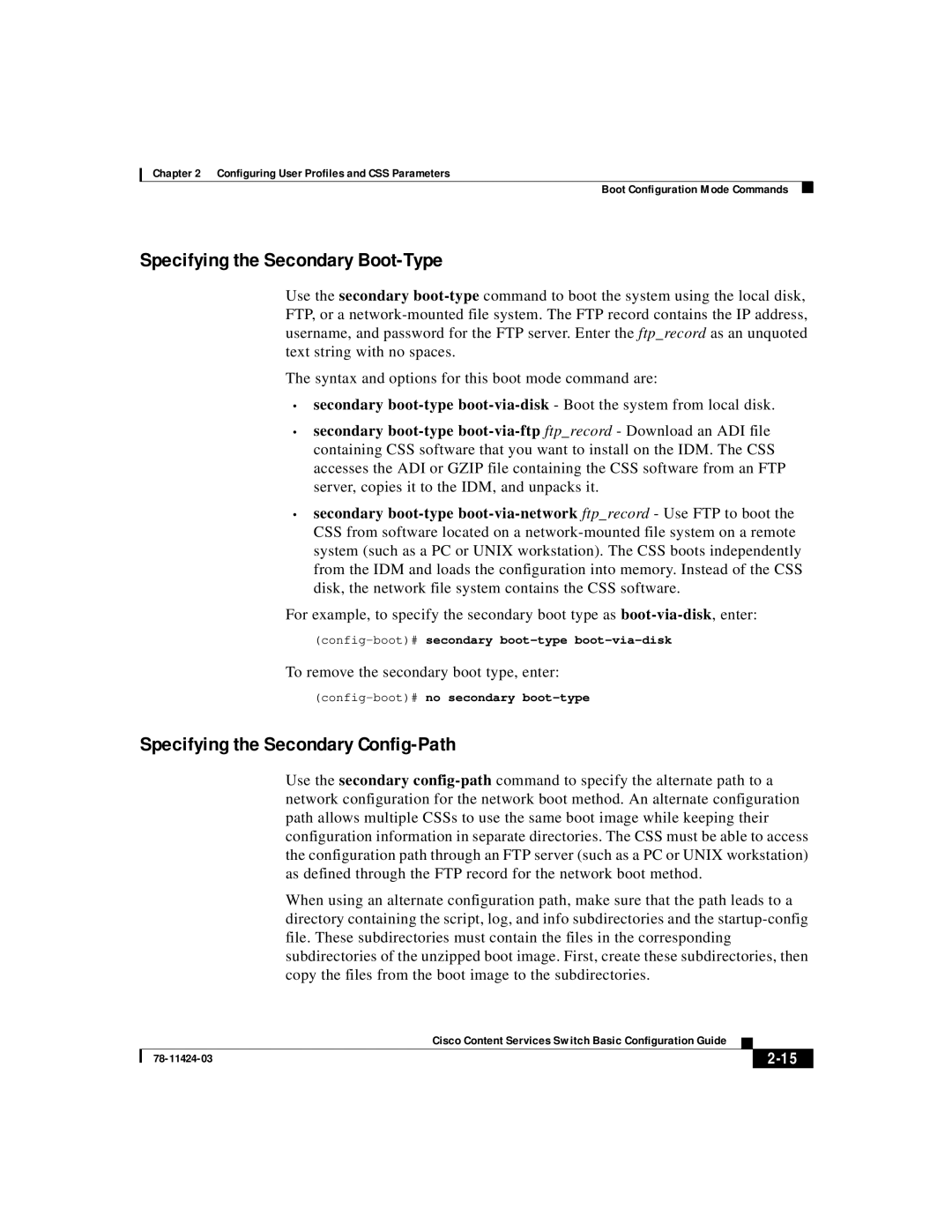 Cisco Systems 78-11424-03 manual Specifying the Secondary Boot-Type, Specifying the Secondary Config-Path 