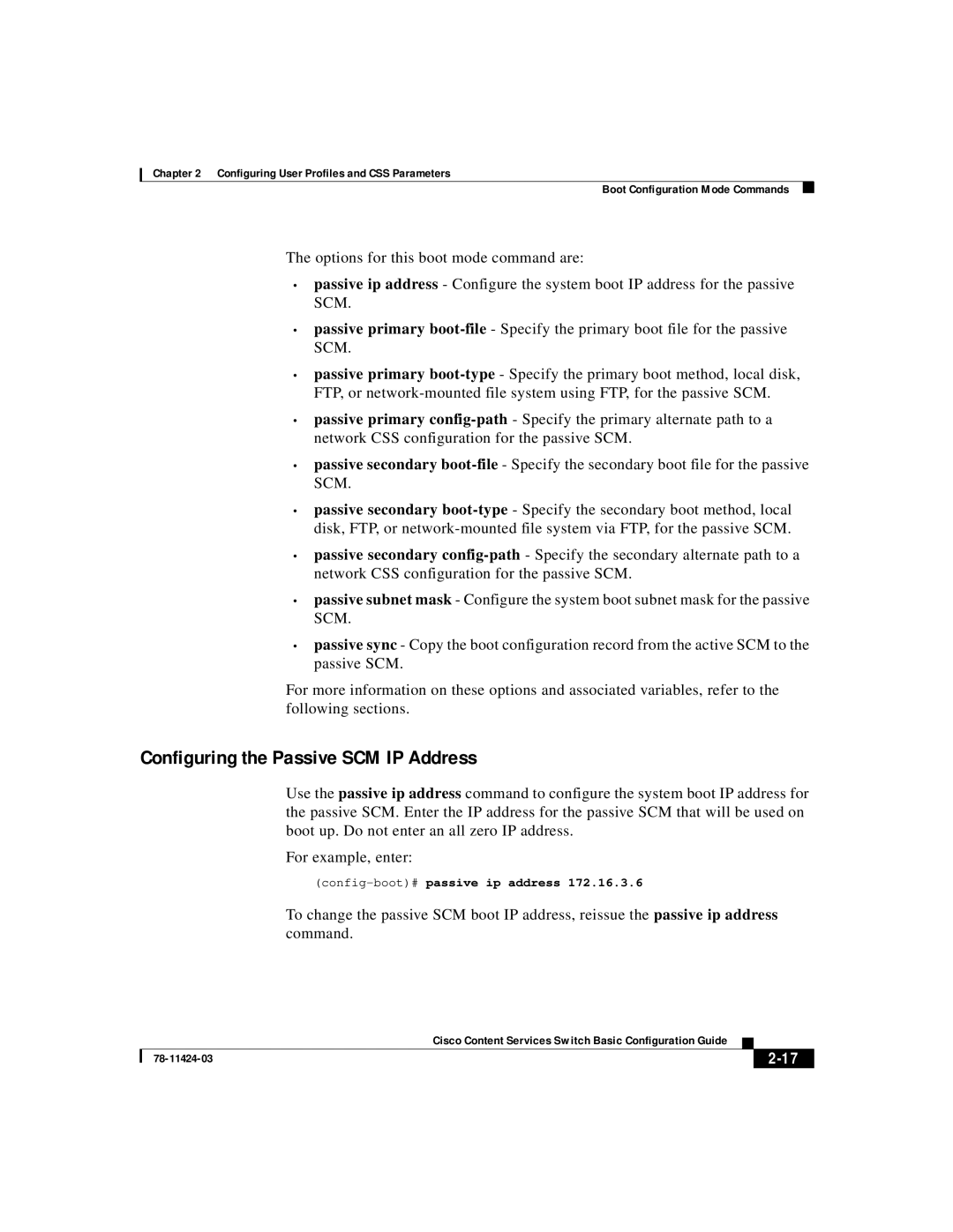 Cisco Systems 78-11424-03 manual Configuring the Passive SCM IP Address, Config-boot#passive ip address 