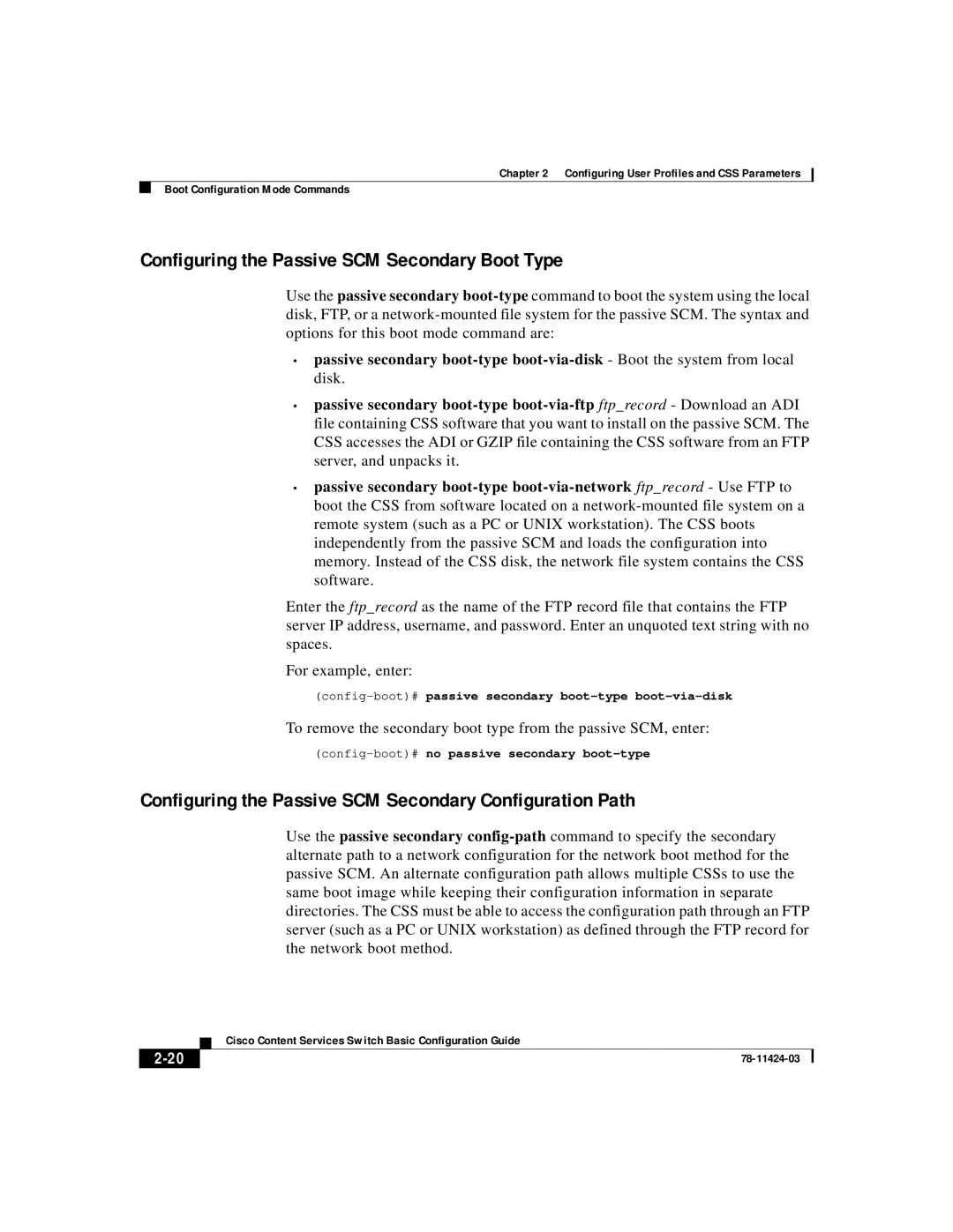 Cisco Systems 78-11424-03 Configuring the Passive SCM Secondary Boot Type, Config-boot#no passive secondary boot-type 