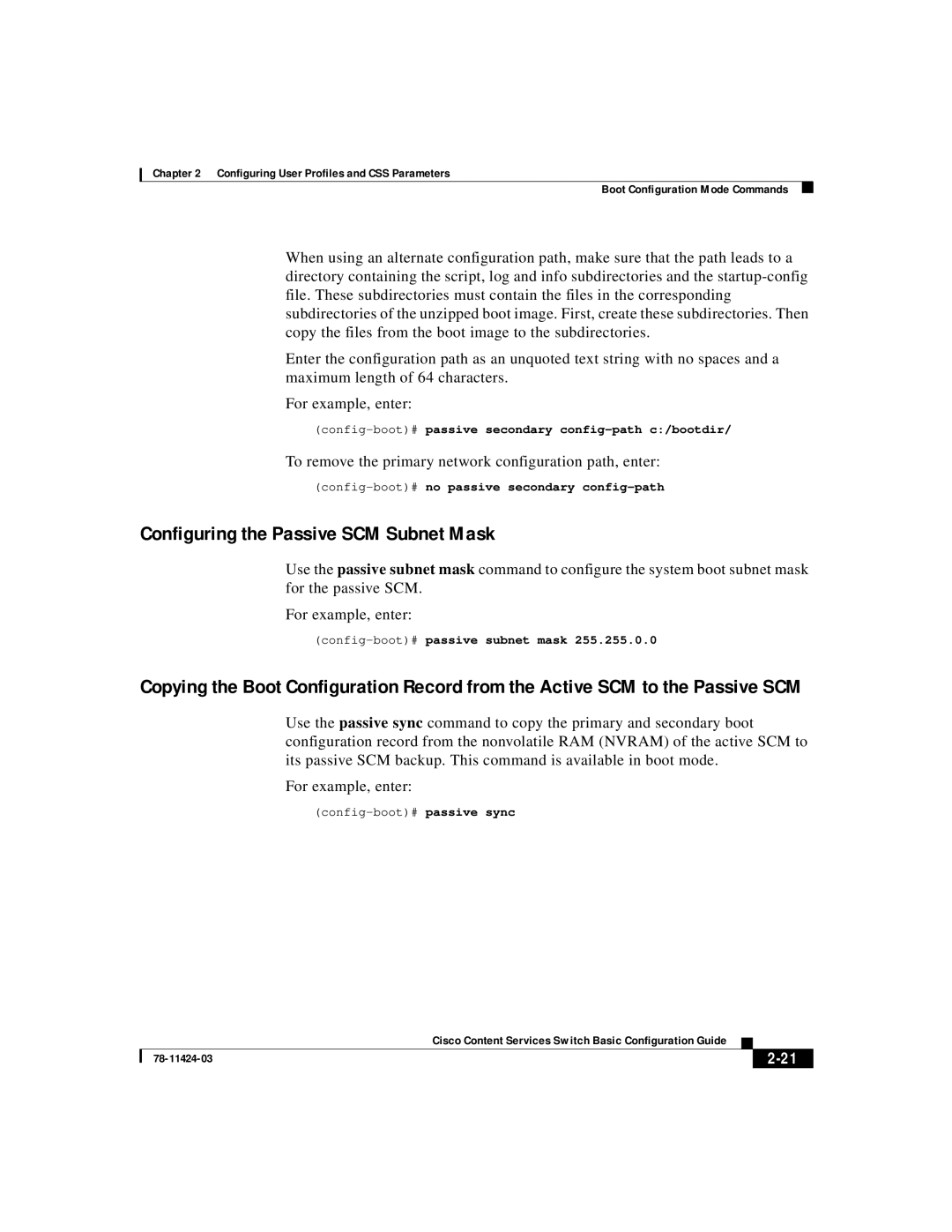 Cisco Systems 78-11424-03 Configuring the Passive SCM Subnet Mask, Config-boot#passive secondary config-path c/bootdir 