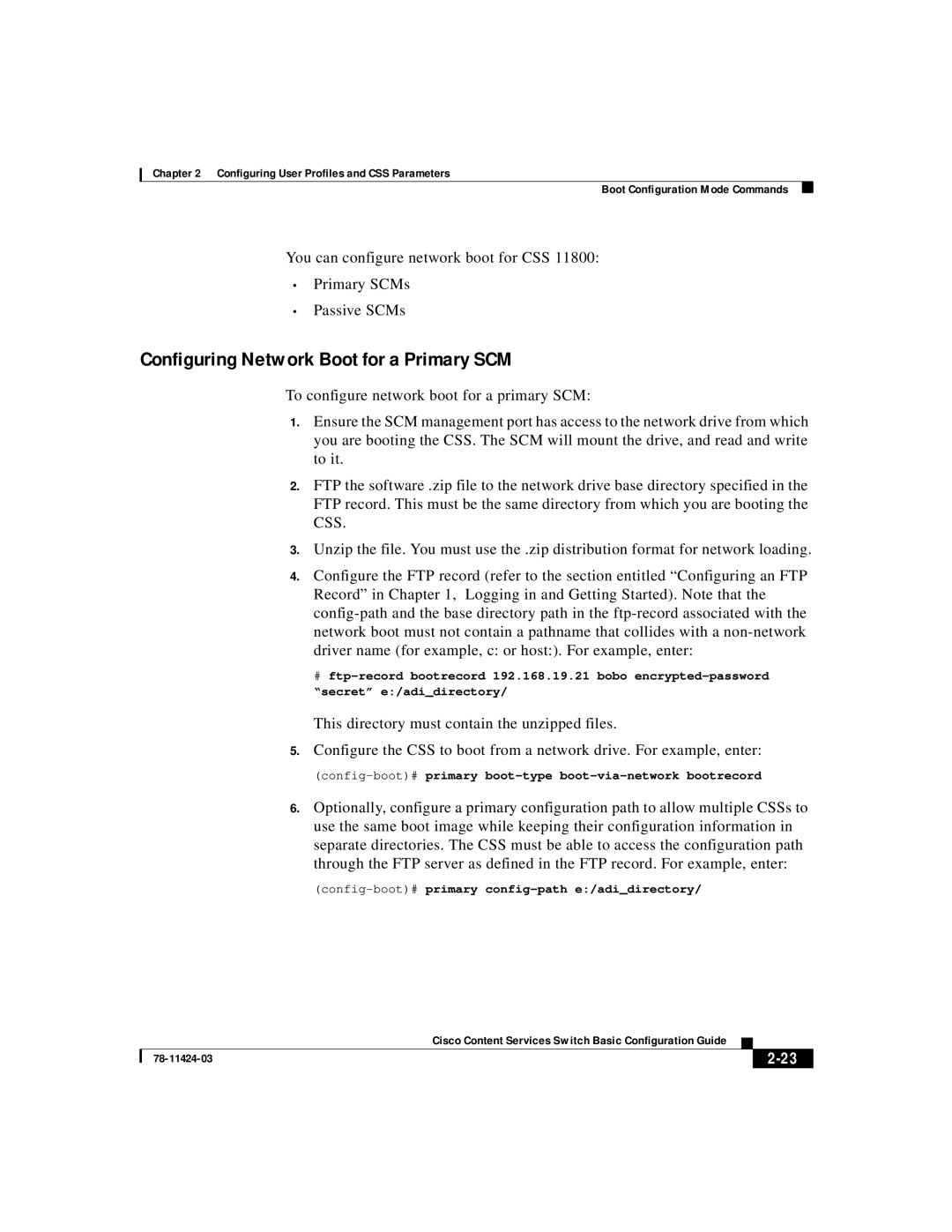 Cisco Systems 78-11424-03 manual Configuring Network Boot for a Primary SCM, Config-boot#primary config-path e/adidirectory 