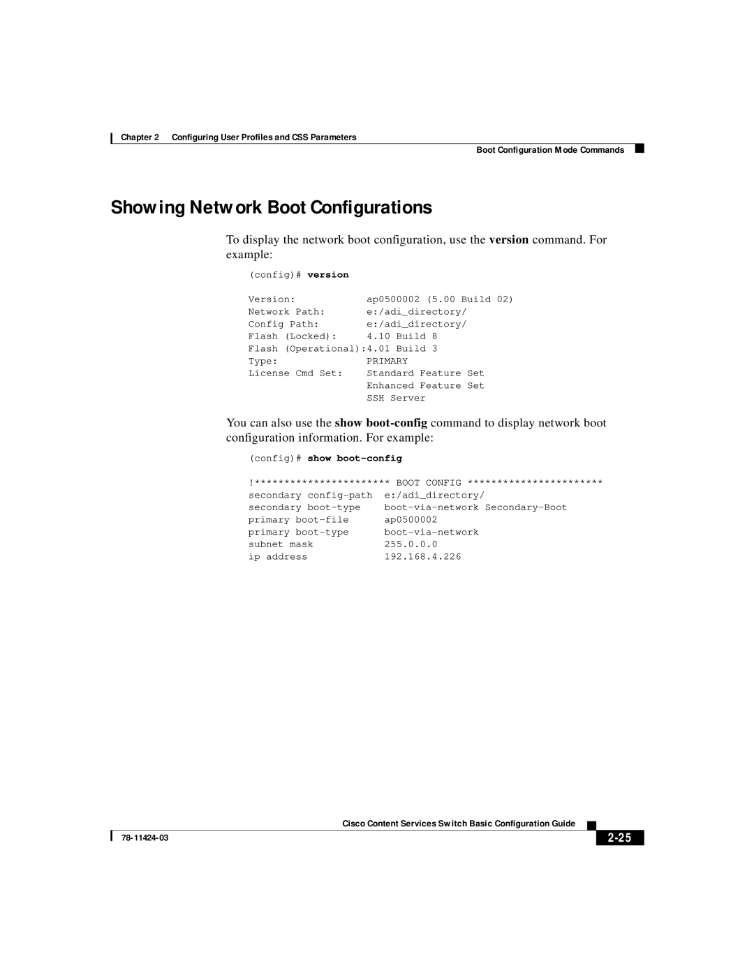 Cisco Systems 78-11424-03 manual Showing Network Boot Configurations, Config# show boot-config 