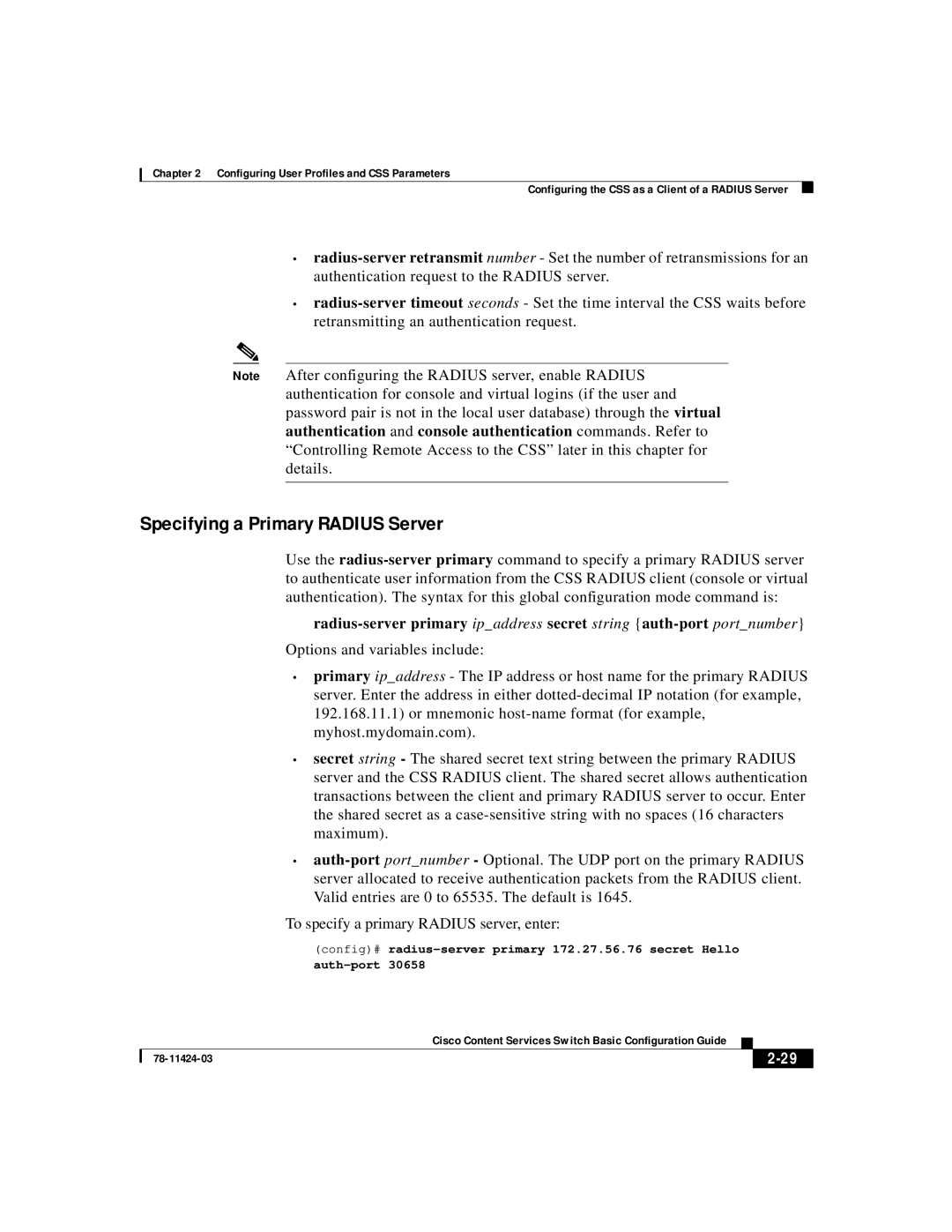 Cisco Systems 78-11424-03 manual Specifying a Primary Radius Server 