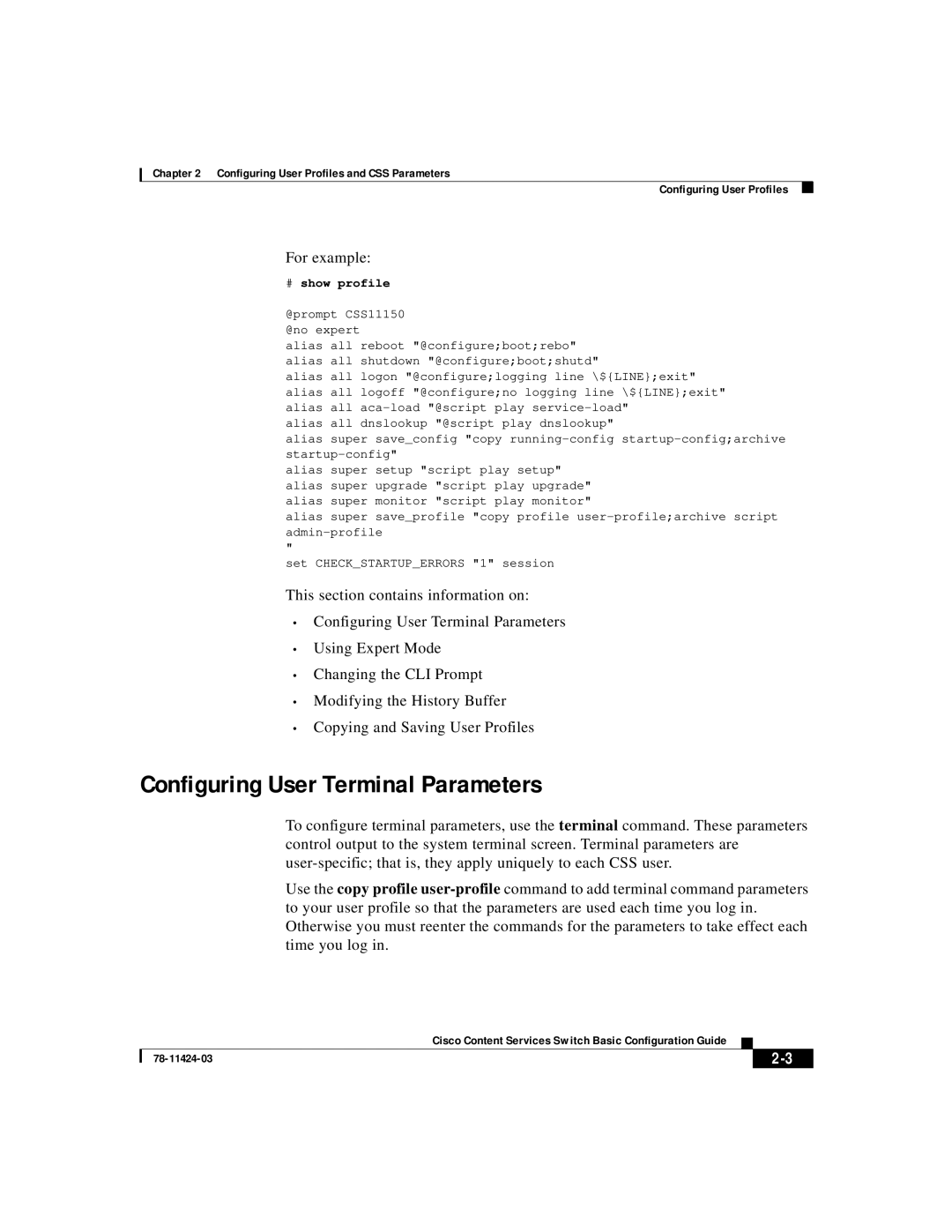 Cisco Systems 78-11424-03 manual Configuring User Terminal Parameters, # show profile 