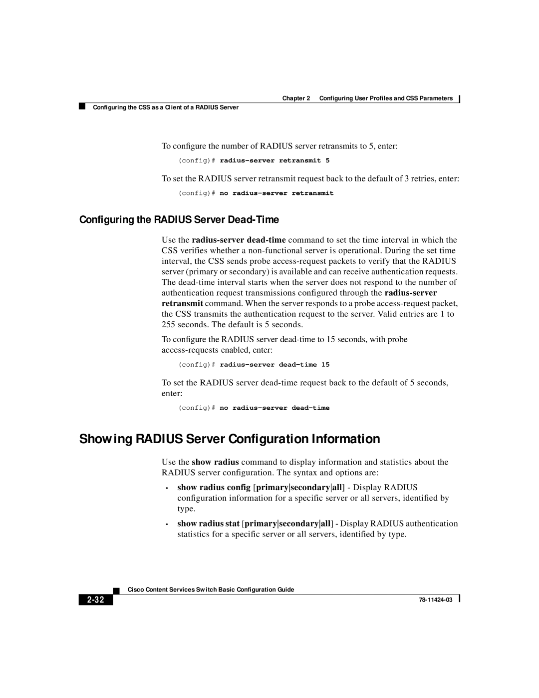 Cisco Systems 78-11424-03 manual Showing Radius Server Configuration Information, Configuring the Radius Server Dead-Time 