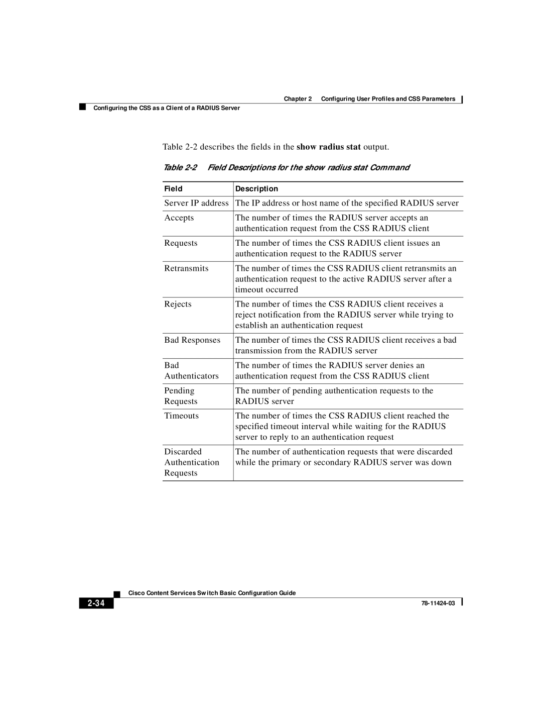 Cisco Systems 78-11424-03 manual Describes the fields in the show radius stat output 