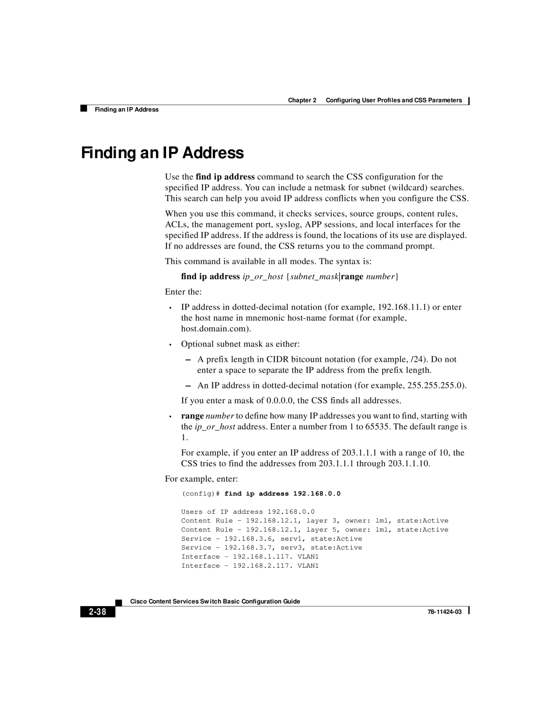 Cisco Systems 78-11424-03 manual Finding an IP Address, Config# find ip address 