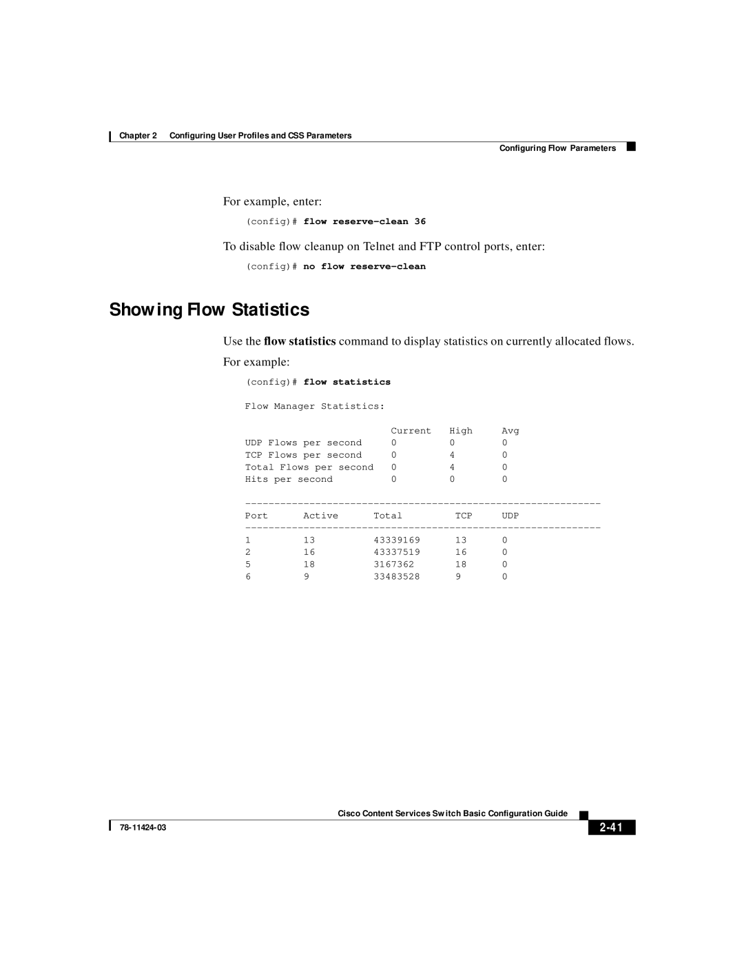 Cisco Systems 78-11424-03 manual Showing Flow Statistics, Config# flow reserve-clean, Config# no flow reserve-clean 