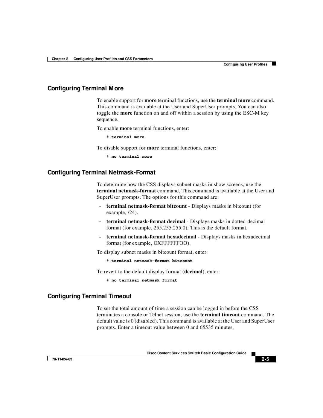 Cisco Systems 78-11424-03 Configuring Terminal More, Configuring Terminal Netmask-Format, Configuring Terminal Timeout 