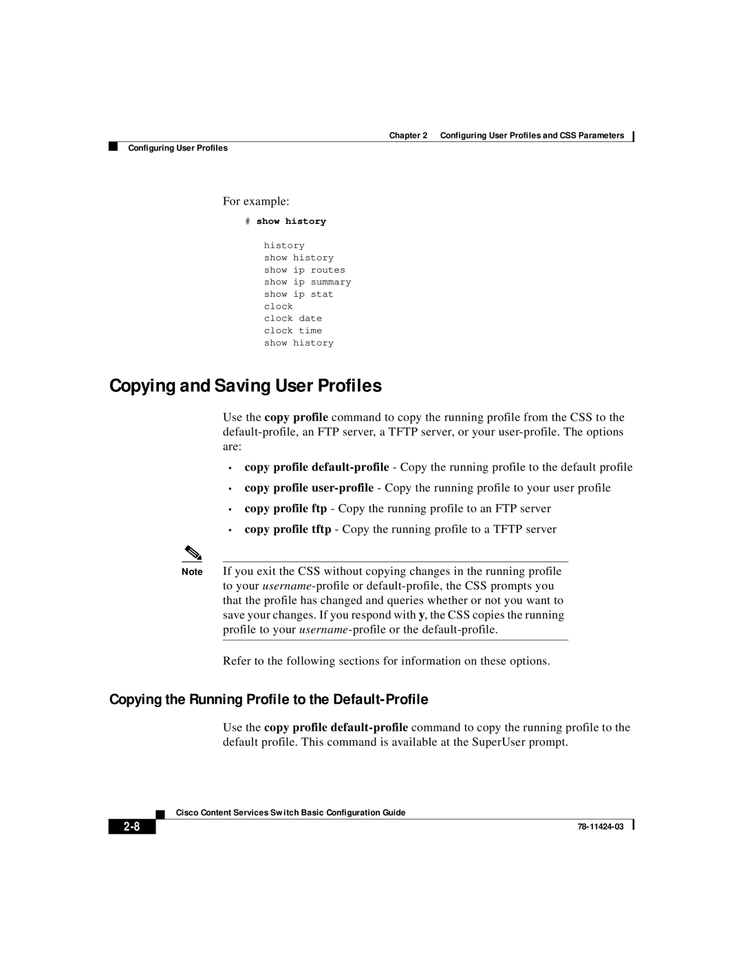 Cisco Systems 78-11424-03 manual Copying and Saving User Profiles, Copying the Running Profile to the Default-Profile 