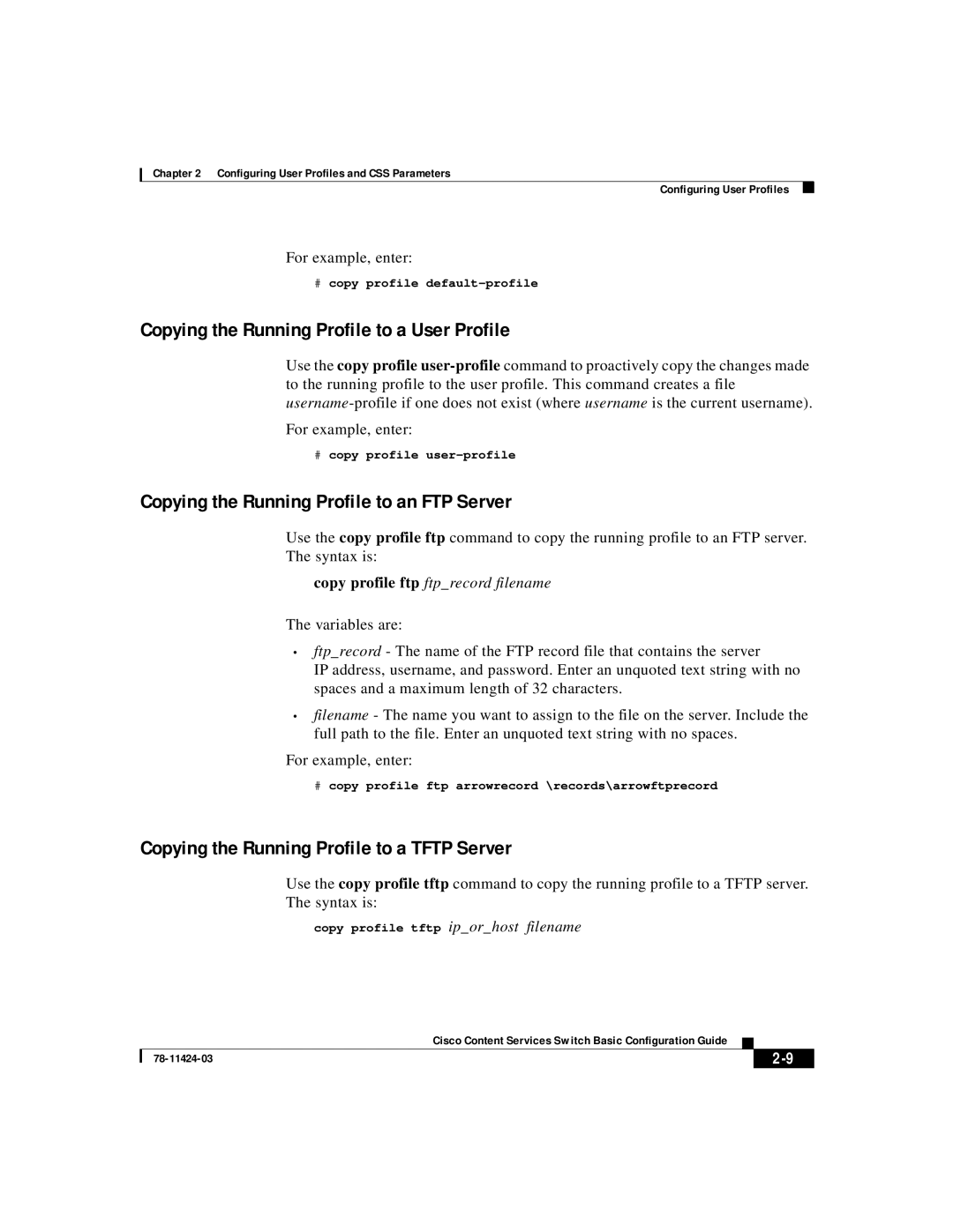 Cisco Systems 78-11424-03 Copying the Running Profile to a User Profile, Copying the Running Profile to an FTP Server 