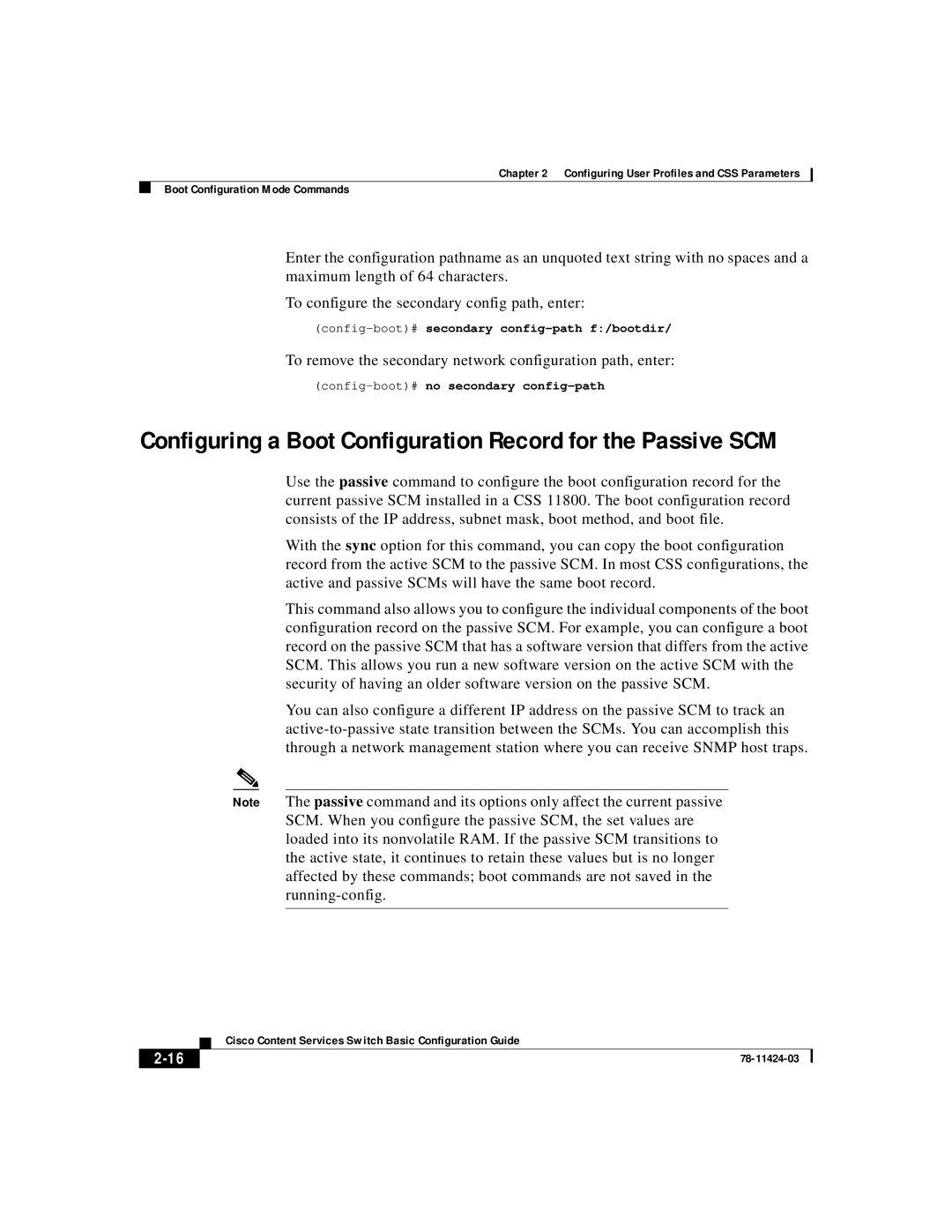Cisco Systems 78-11424-03 manual 2-16, Configuring a Boot Configuration Record for the Passive SCM 