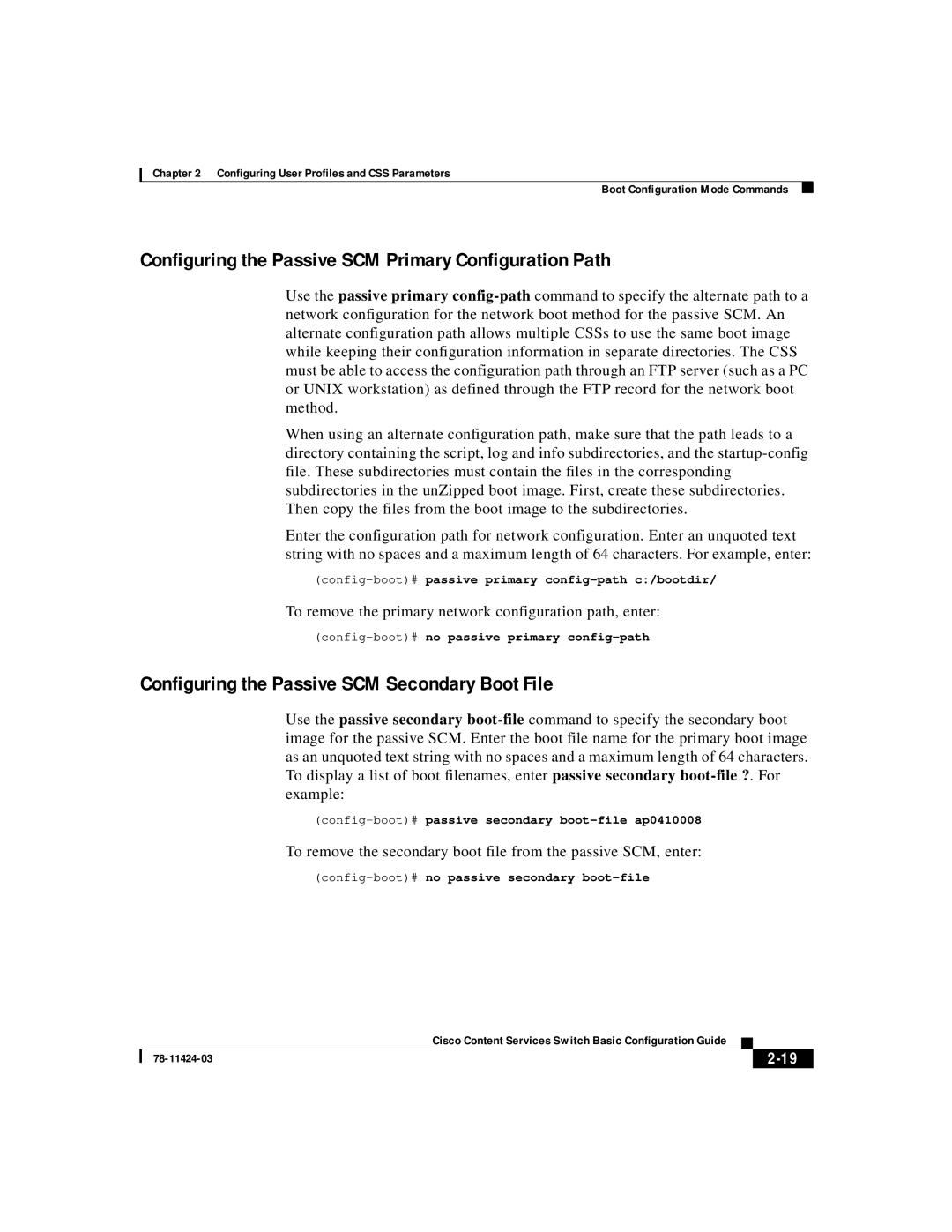 Cisco Systems 78-11424-03 manual Configuring the Passive SCM Primary Configuration Path, 2-19 
