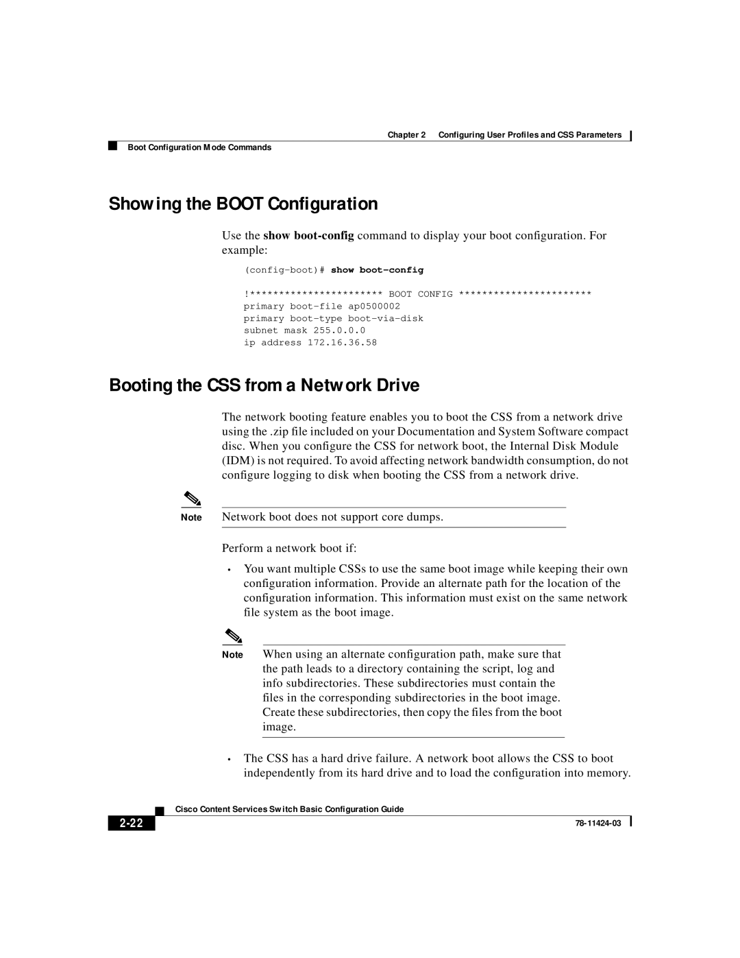 Cisco Systems 78-11424-03 manual Showing the BOOT Configuration, Booting the CSS from a Network Drive, 2-22 