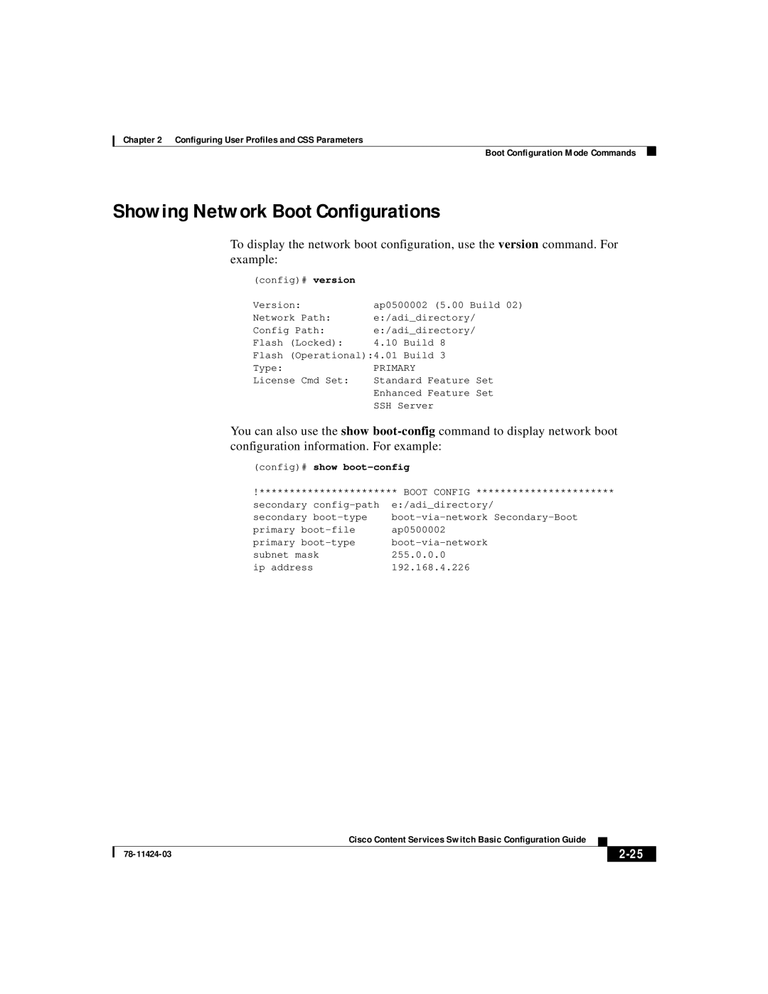 Cisco Systems 78-11424-03 manual Showing Network Boot Configurations, 2-25, config# show boot-config 