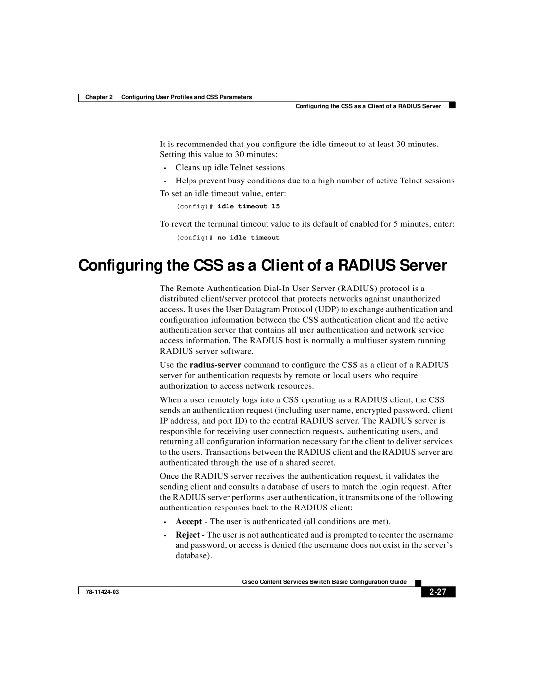 Cisco Systems 78-11424-03 manual Configuring the CSS as a Client of a RADIUS Server, 2-27 