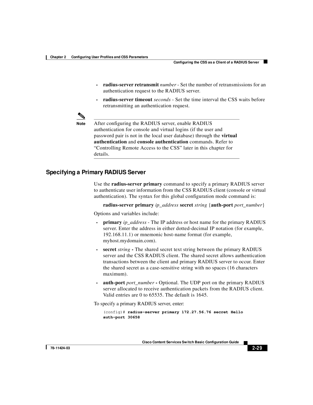 Cisco Systems 78-11424-03 manual Specifying a Primary RADIUS Server, 2-29 