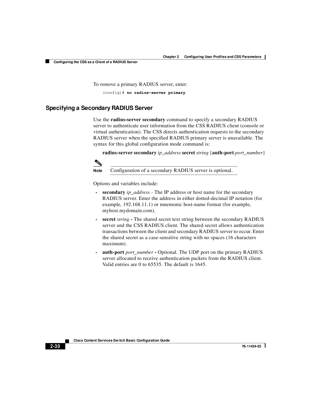 Cisco Systems 78-11424-03 manual Specifying a Secondary RADIUS Server, 2-30 