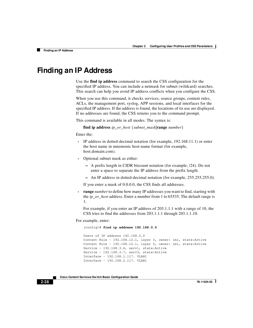 Cisco Systems 78-11424-03 manual Finding an IP Address, find ip address iporhost subnetmaskrange number, 2-38 