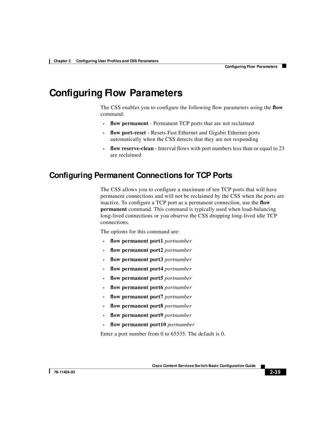 Cisco Systems 78-11424-03 manual Configuring Flow Parameters, Configuring Permanent Connections for TCP Ports, 2-39 