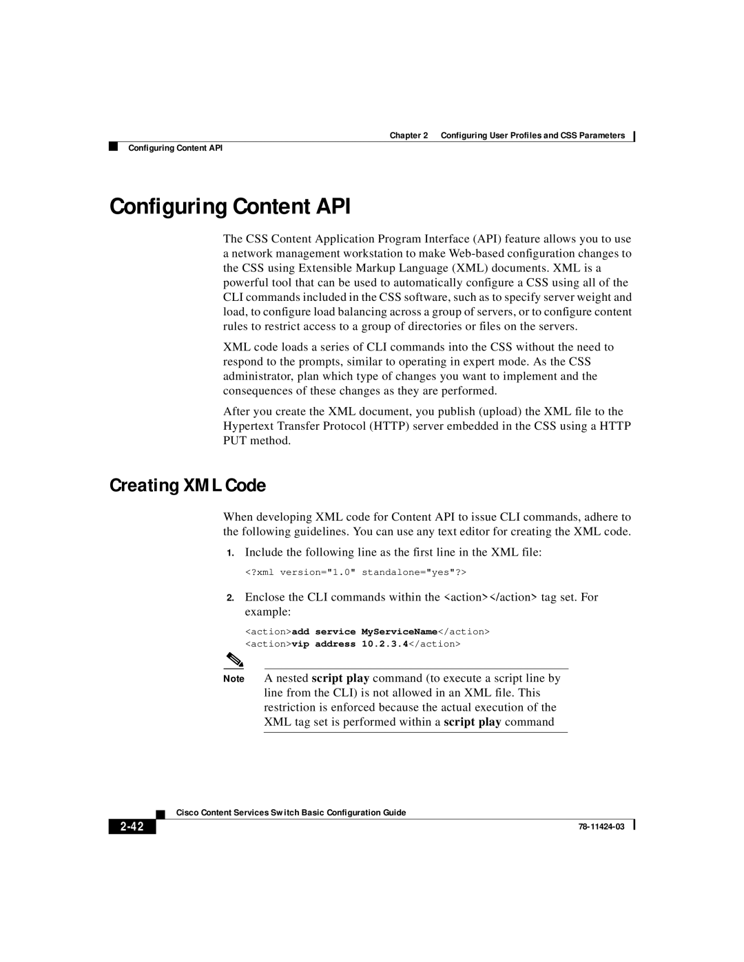 Cisco Systems 78-11424-03 manual Configuring Content API, Creating XML Code, 2-42 