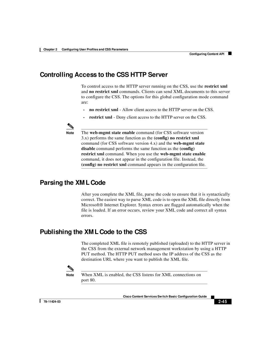 Cisco Systems 78-11424-03 manual Controlling Access to the CSS HTTP Server, Parsing the XML Code, 2-45 