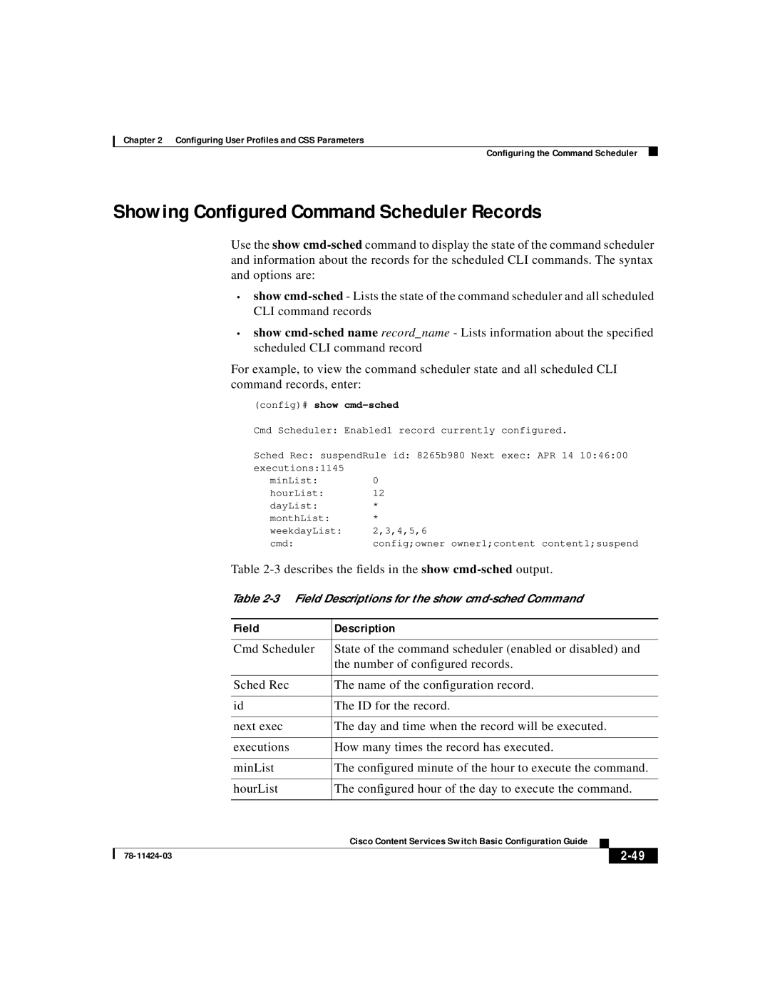 Cisco Systems 78-11424-03 manual Showing Configured Command Scheduler Records, 2-49, Field, Description 