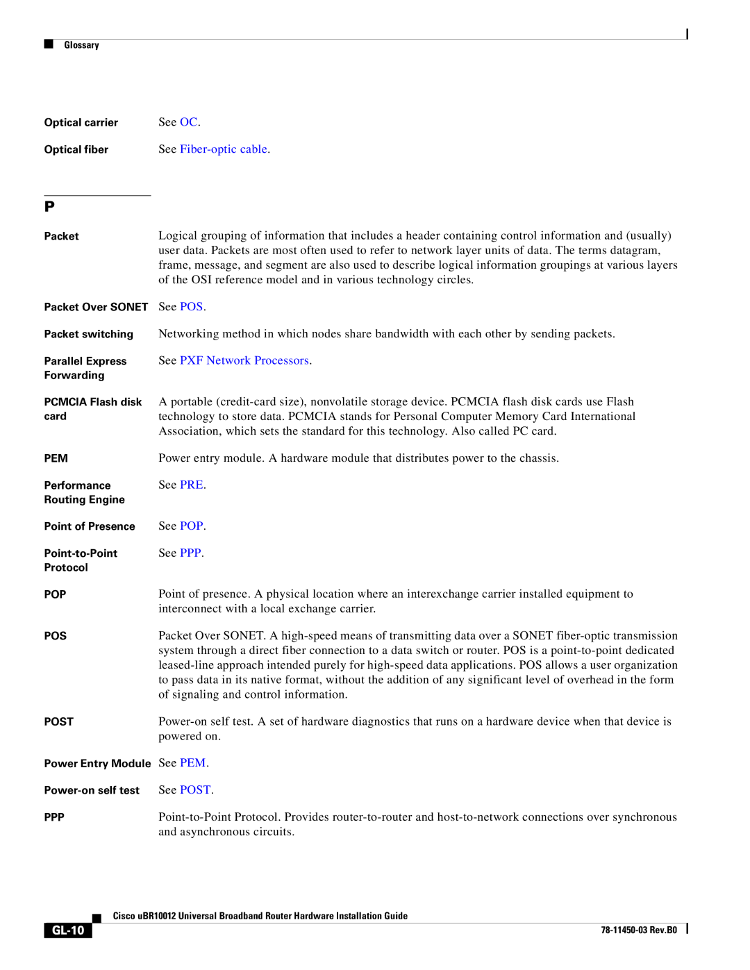 Cisco Systems 78-11450-03 specifications See Fiber-optic cable, See PXF Network Processors, GL-10 