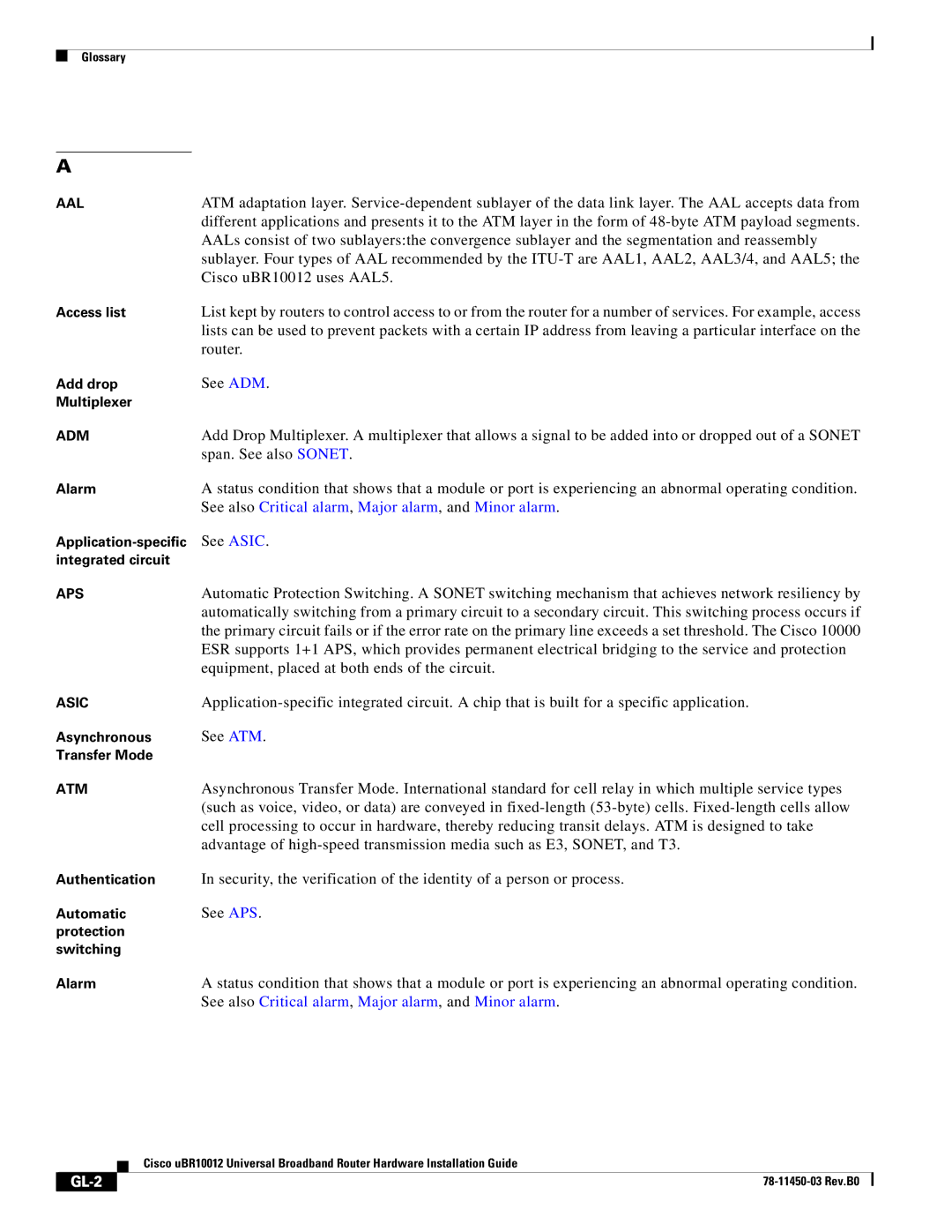 Cisco Systems 78-11450-03 specifications See also Critical alarm, Major alarm, and Minor alarm, GL-2 