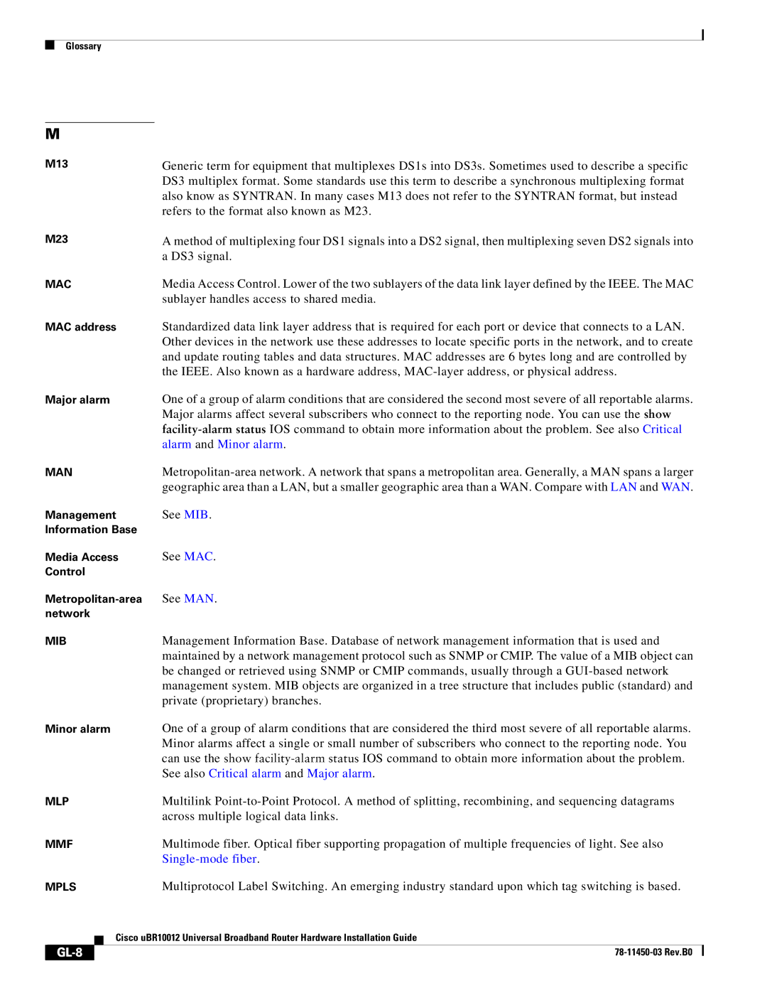 Cisco Systems 78-11450-03 specifications Alarm and Minor alarm, Single-mode fiber, GL-8 