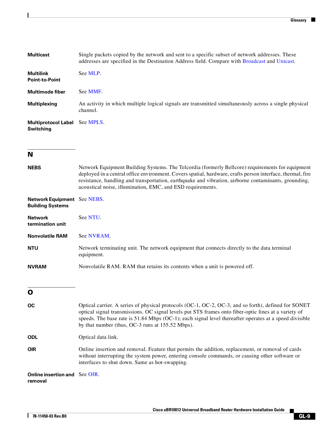 Cisco Systems 78-11450-03 specifications See OIR, GL-9 